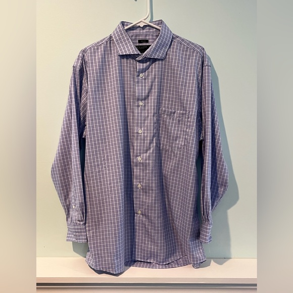 Pronto Uomo Men’s Lavender Checkered Long Sleeve Shirt, Size 17 1/2 (32/33) - Picture 1 of 5